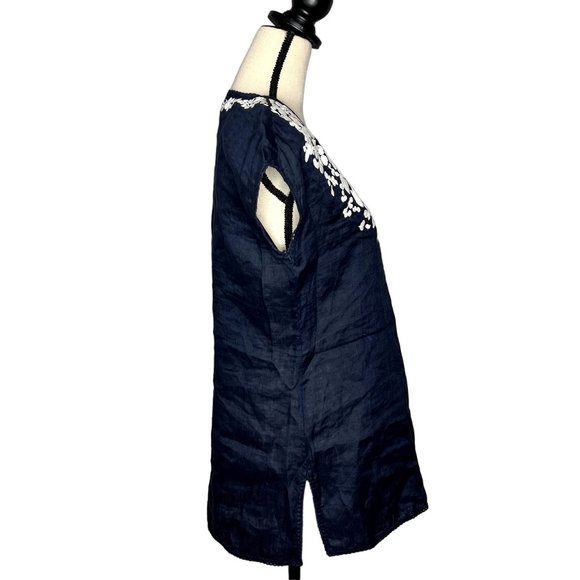 Tory Burch Navy Blue White Issy Scallop-Trim Embroidered Linen Tunic Top Size S - Picture 3 of 9